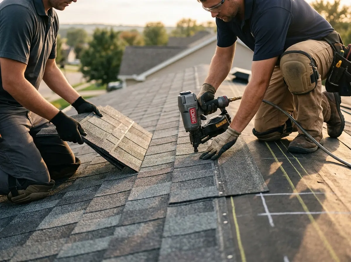 Professional roofer working on a residential roof in Gardere